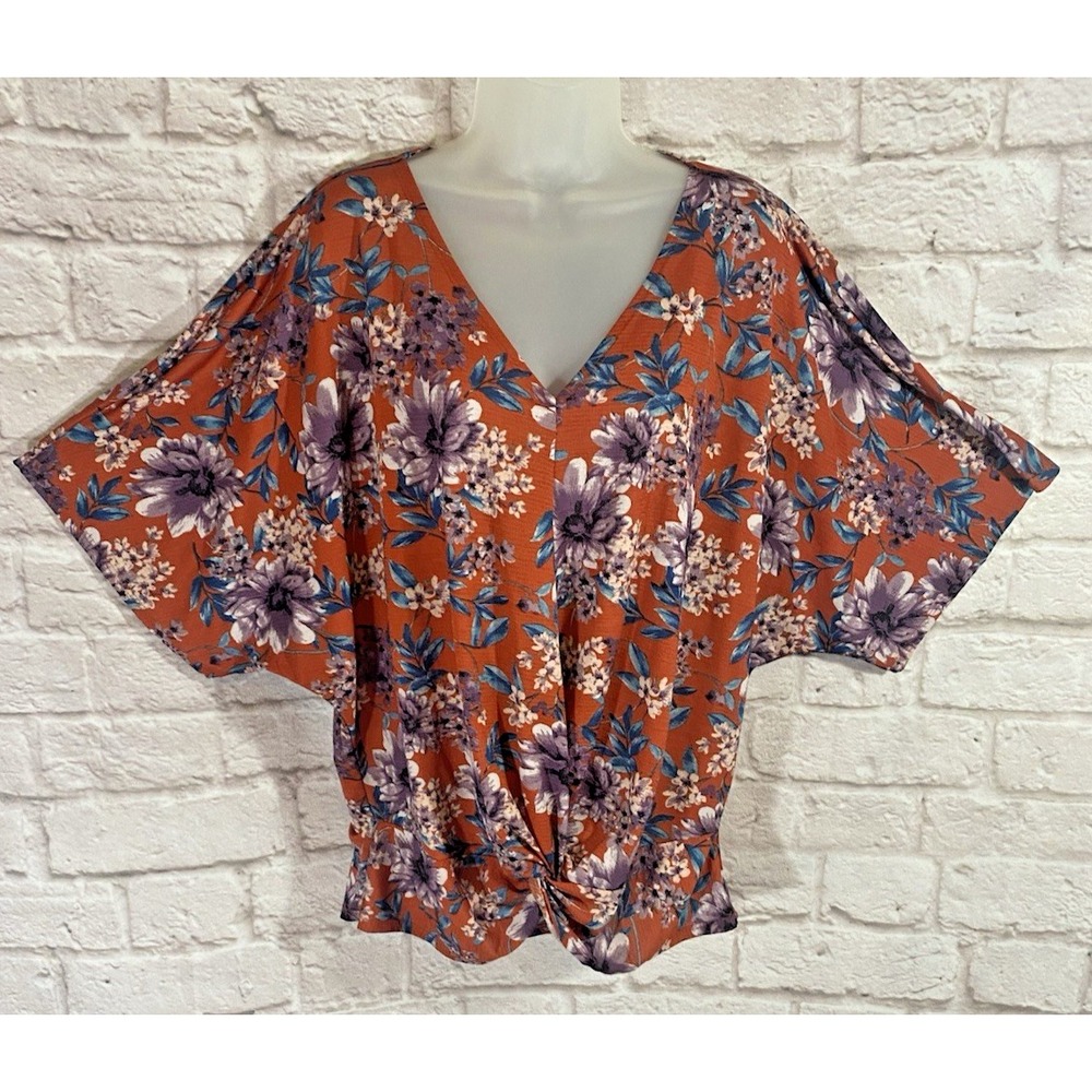 Daytrip‎ Buckle Floral Boho V Neck Top Large Dolman Kimono Sleeve Peasant Chic